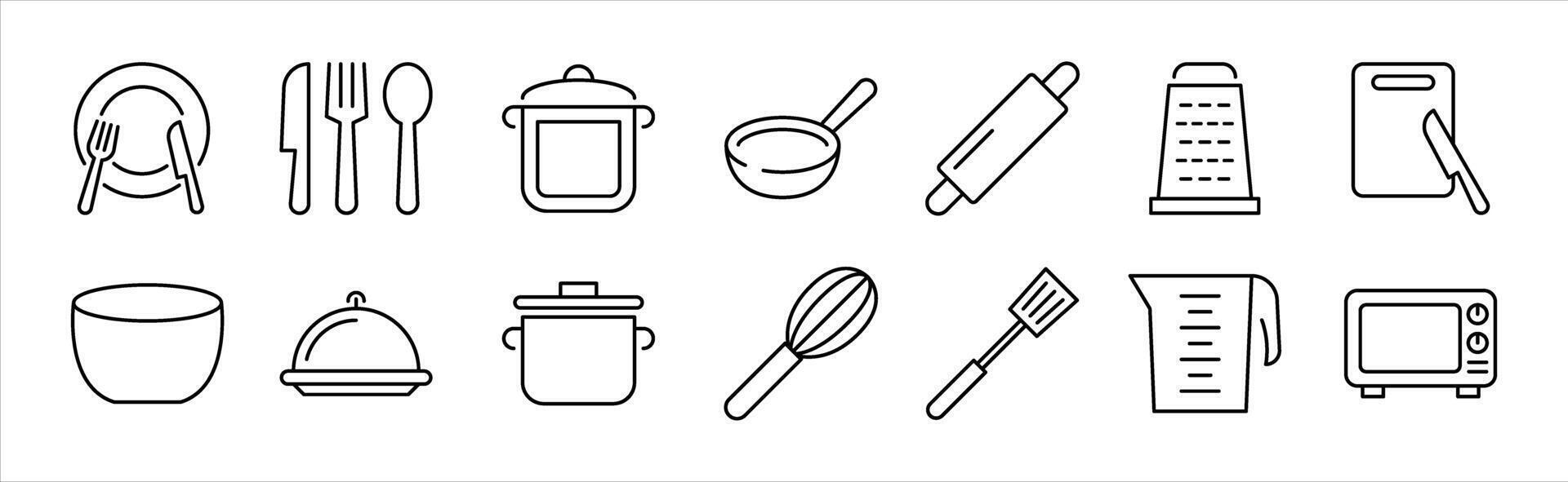 set of kitchen cooking thin line icon. contain kitchen appliance, fork, spoon, knife, frying pan, plate, spatula, oven, kitchen essentials icon collections symbol sign vector