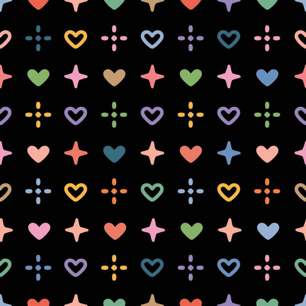 Rainbow Heart And Star Pattern, Neon Light, Line Art, Kawaii Style vector