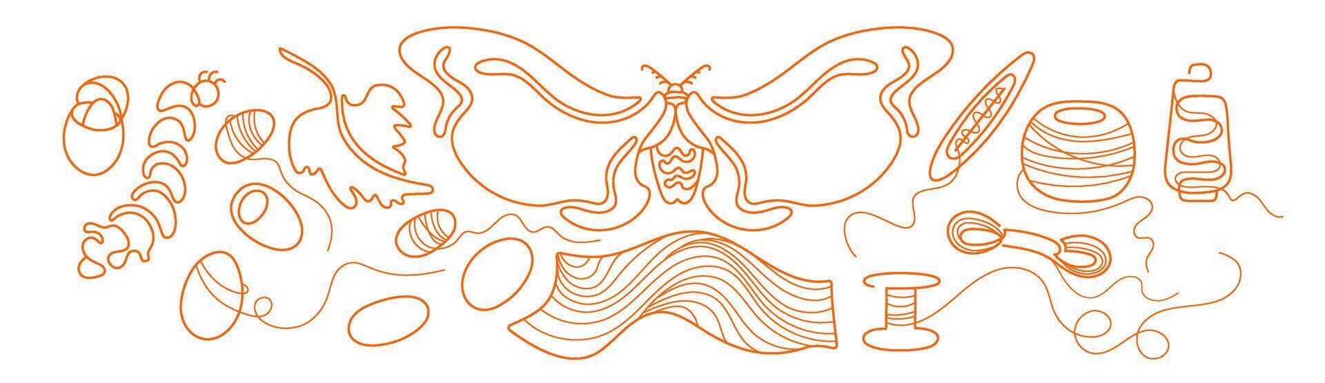 Silkworm, line cocoon, butterfly, spool of thread vector
