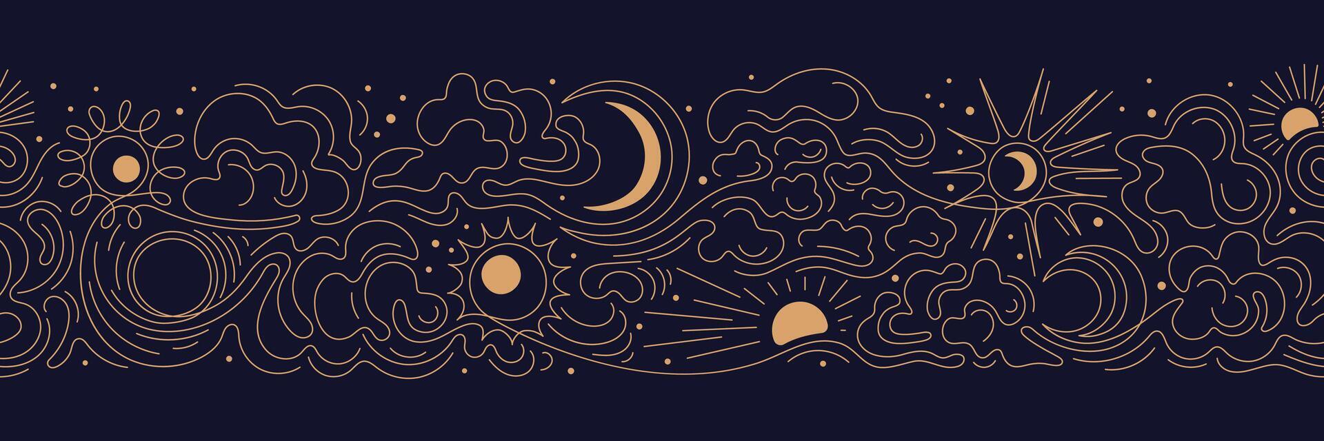 Sun, moon, line cloud border. Night esoteric sky vector