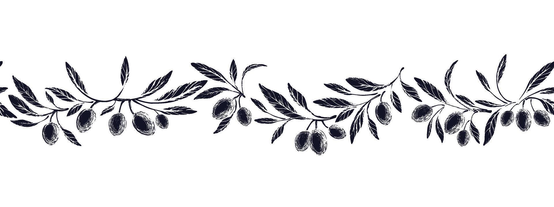Olive art seamless border. texture linocut vector