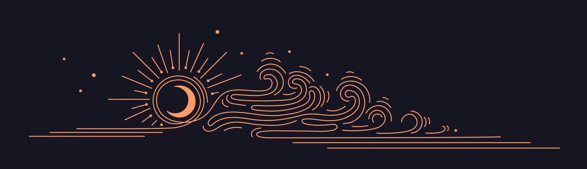 Sun eclipse, moon, line cloud, high ocean waves vector
