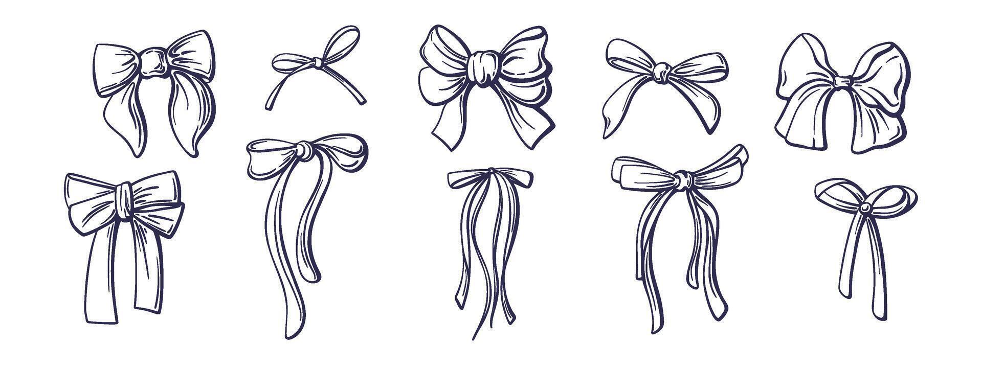 Bow set. Hand drawn ribbons, silk bows for gifts vector