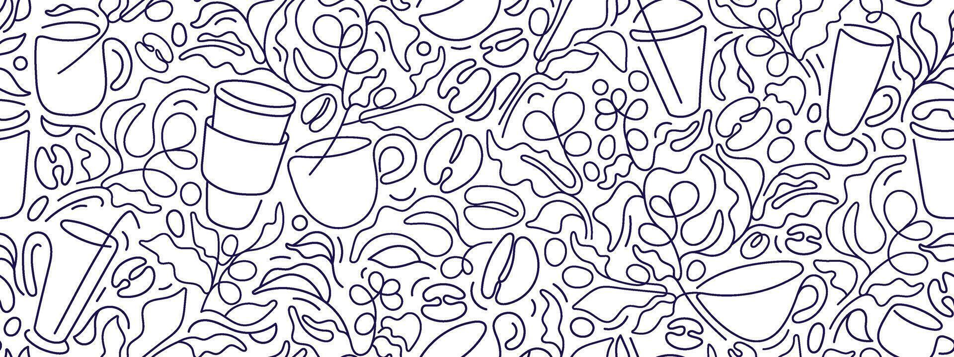 Coffee plantation, cups. Line art seamless pattern vector