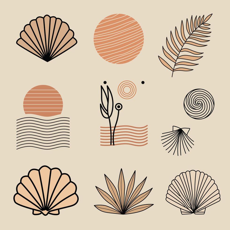 Minimalist boho clip-art set featuring seashells, waves, sun, leaves, and abstract nature elements in earthy tones. Perfect for coastal, tropical, beach, and organic design projects. vector