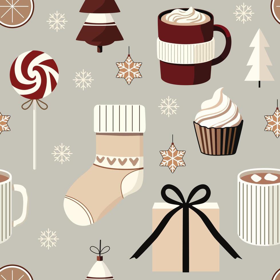 Seamless Christmas pattern with festive elements like stockings, gifts, hot cocoa, candy, cupcakes, and snowflakes in cozy neutral tones. Perfect for holiday textiles, wrapping paper, and decor. vector