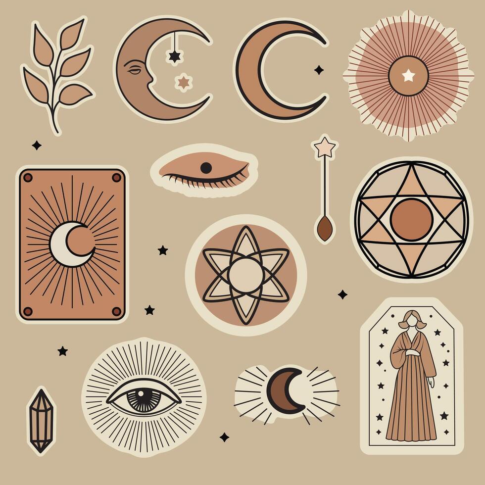Mystical boho clip-art set featuring celestial elements, tarot symbols, moons, stars, crystals, and esoteric designs in earthy tones. Perfect for spiritual, occult, and aesthetic projects. vector