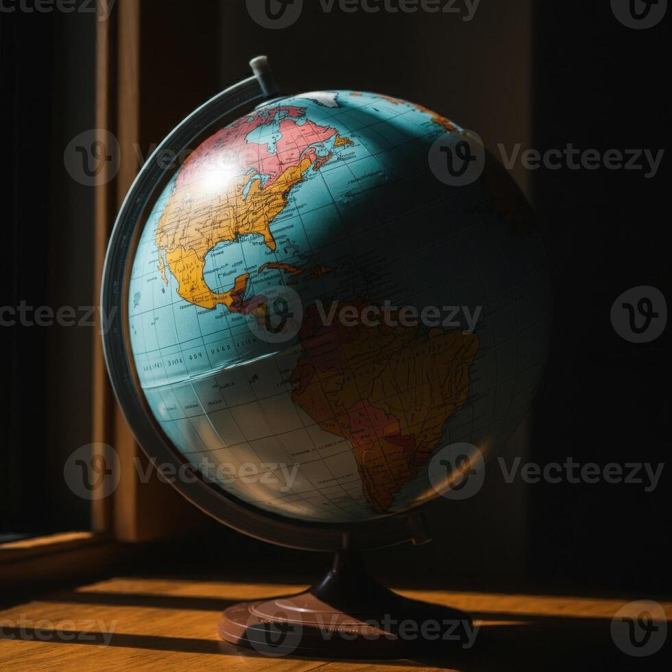 A globe on a wooden table in front of a window photo