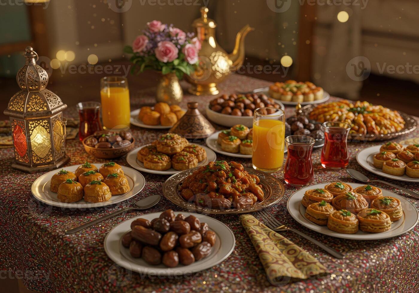 A table with many plates of food on it photo