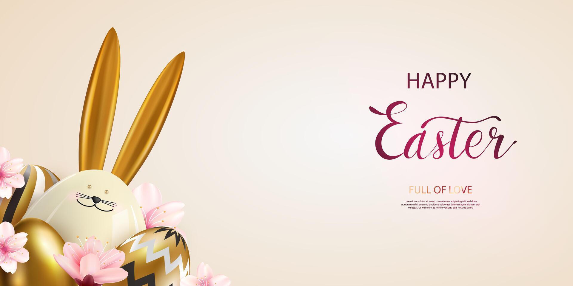 Easter poster with ceramic rabbit, flowers, golden eggs decorated with pattern. Easter greetings and gifts. Easter promotion and shopping template. vector
