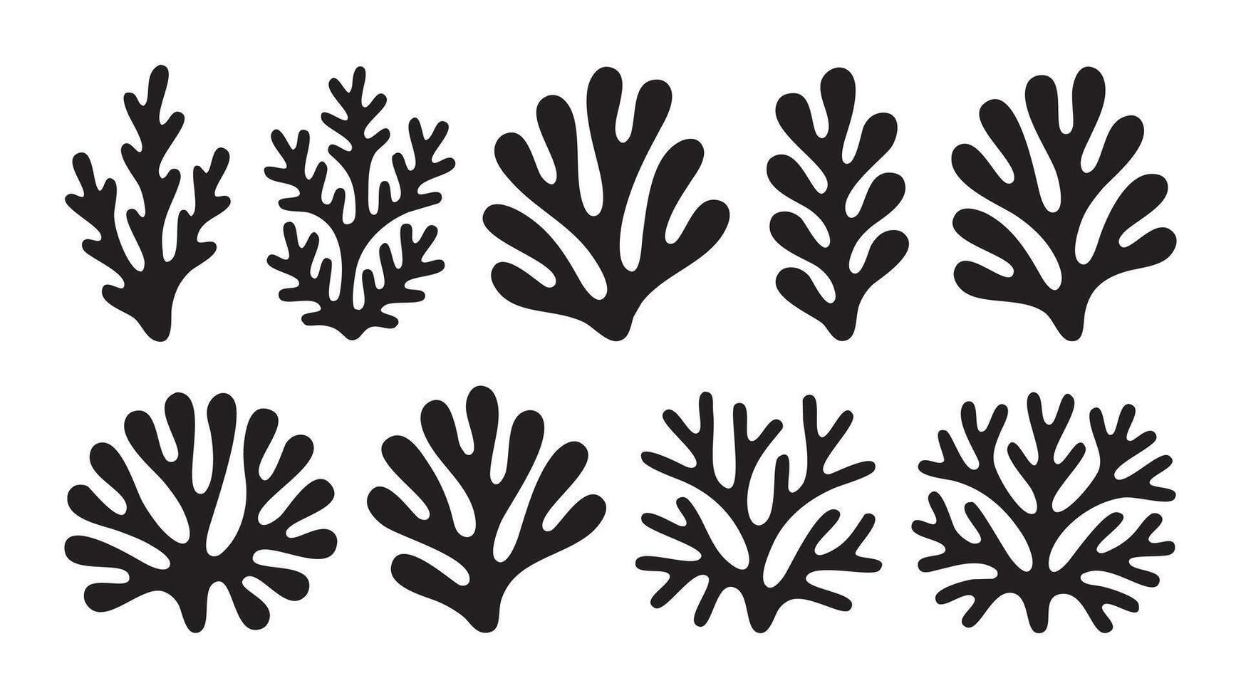 Black Silhouette Aquatic Plant Set Nature, Leaf, Coral, Branch, vector