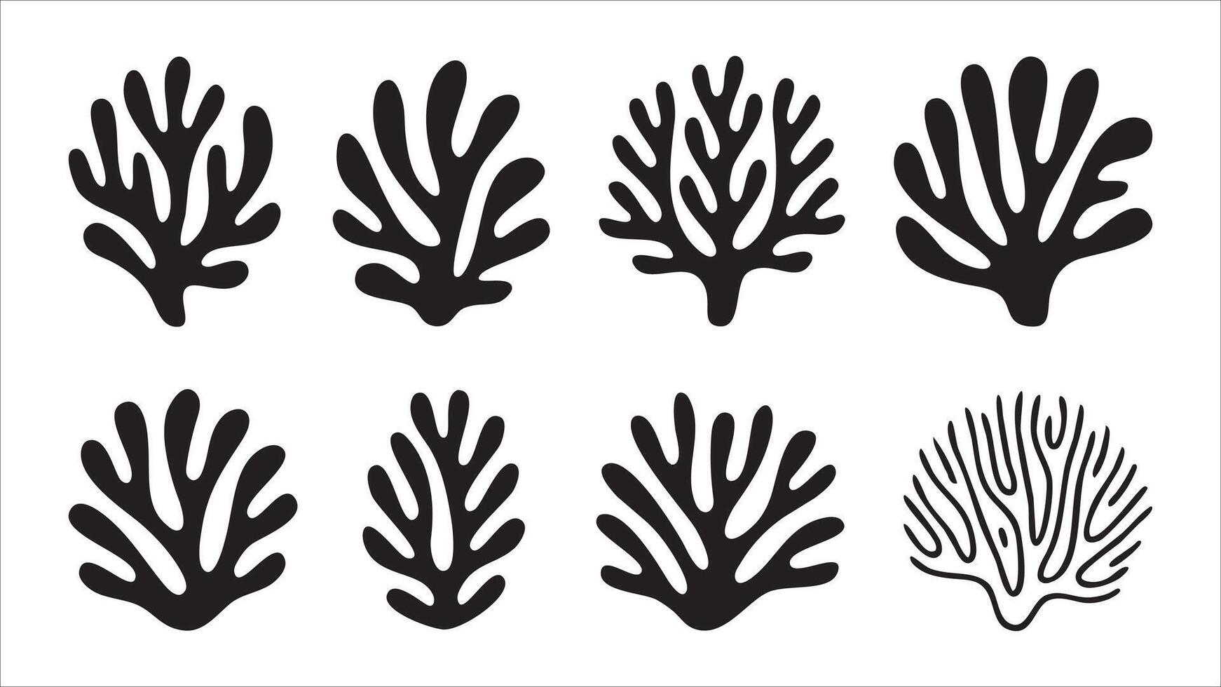Eight Black Seaweed Coral Reef Ocean Designs Illustrations vector