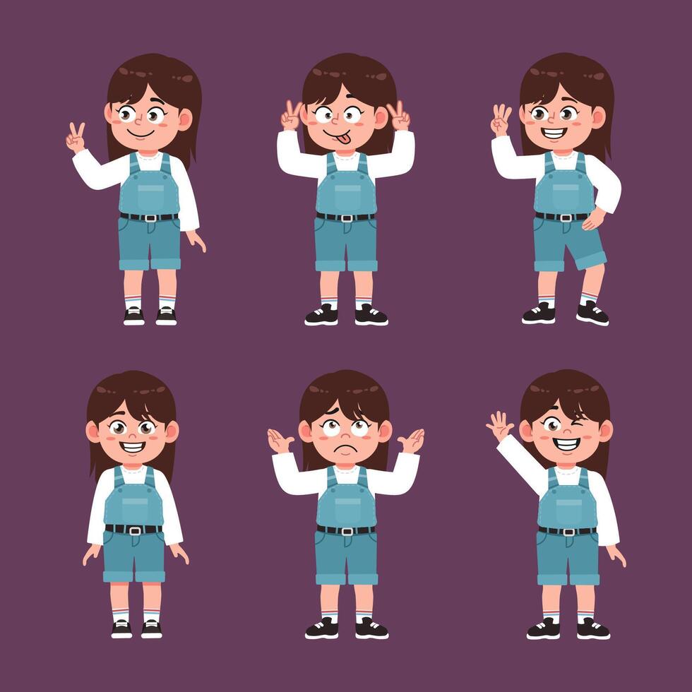 Cute Girl With Brown Hair Cartoon Set in different poses vector