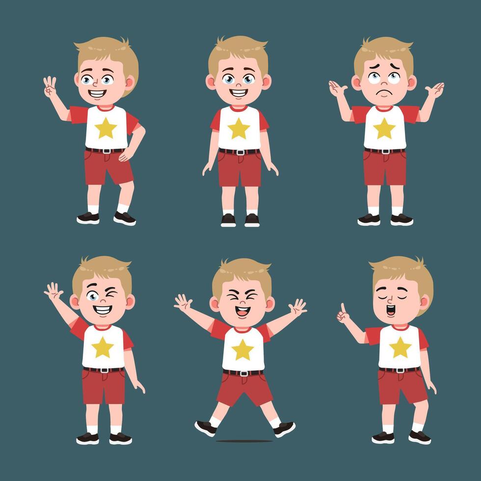 Cute American Boy with Blond Hair Cartoon character set vector