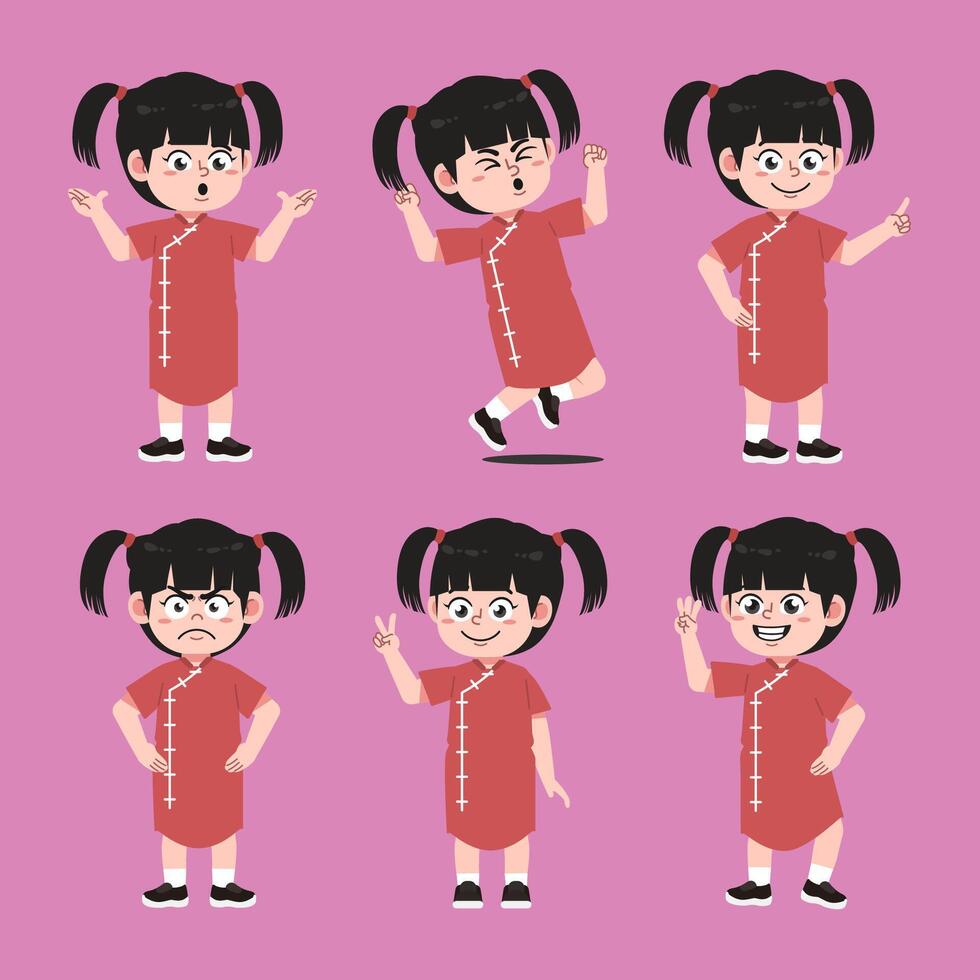 Cute Chinese Girl Cartoon Character Gesture Collections Set vector