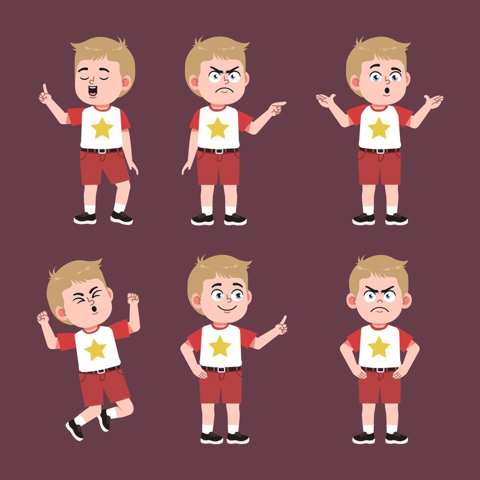 Cute American Boy with Blond Hair Cartoon in different poses vector