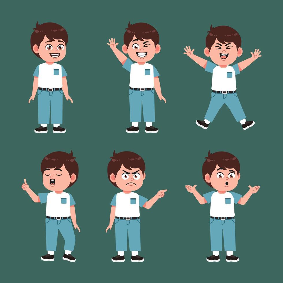Cute Boy With Brown Hair Cartoon character set in different poses vector