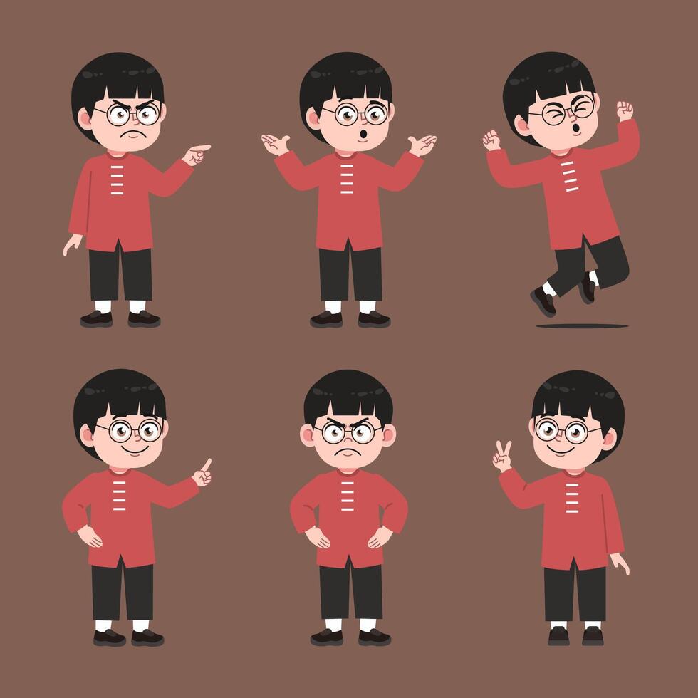 Cute Chinese Boy with Glasses Cartoon Character Pose Collections vector