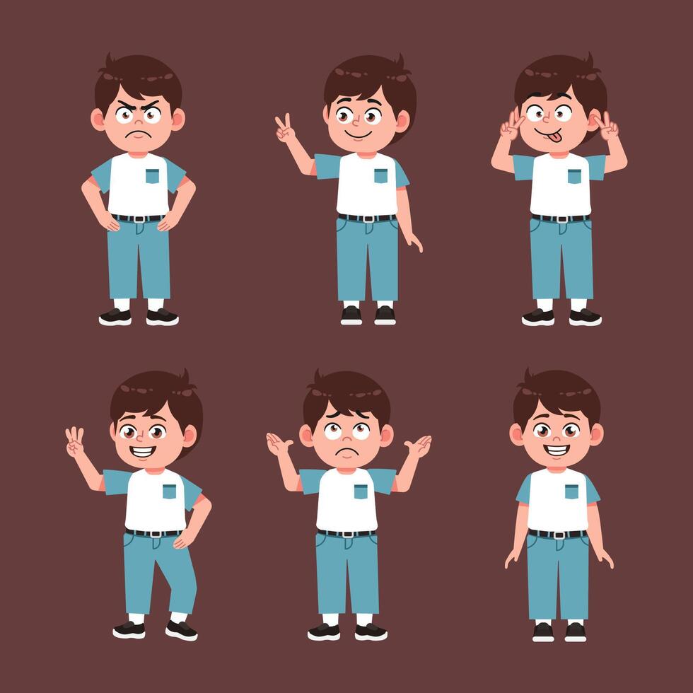 Cute Boy With Brown Hair Cartoon set in different poses vector