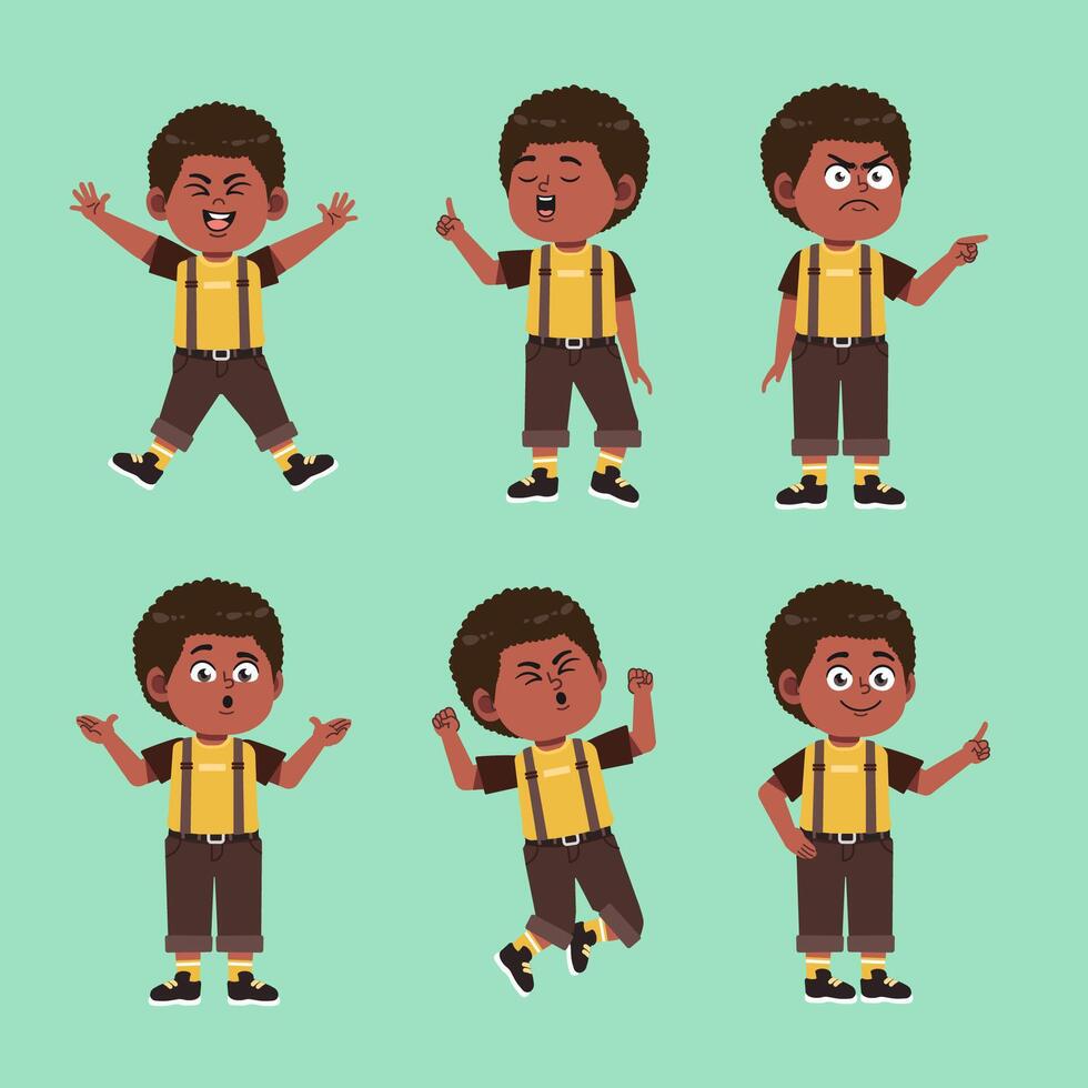 Cute African Boy with afro hair Cartoon Character Gesture Collections Set vector