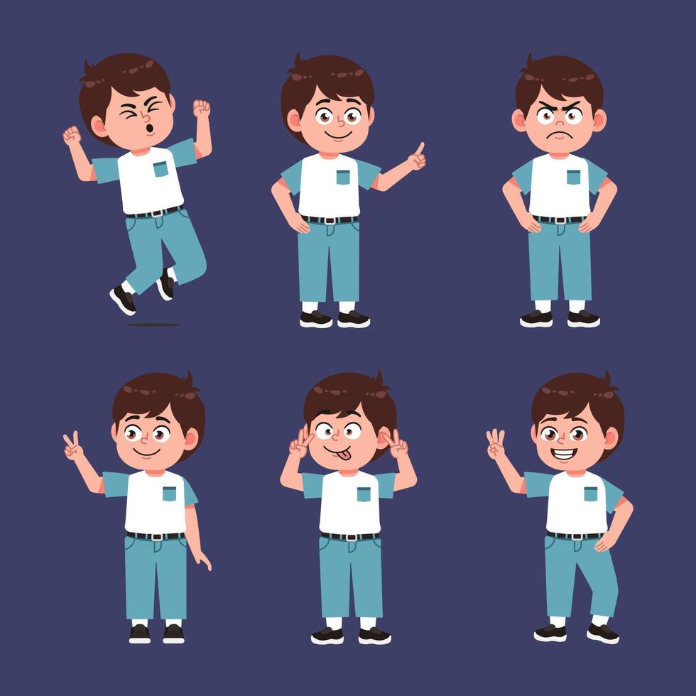 Cute Boy With Brown Hair Cartoon collections in different poses vector