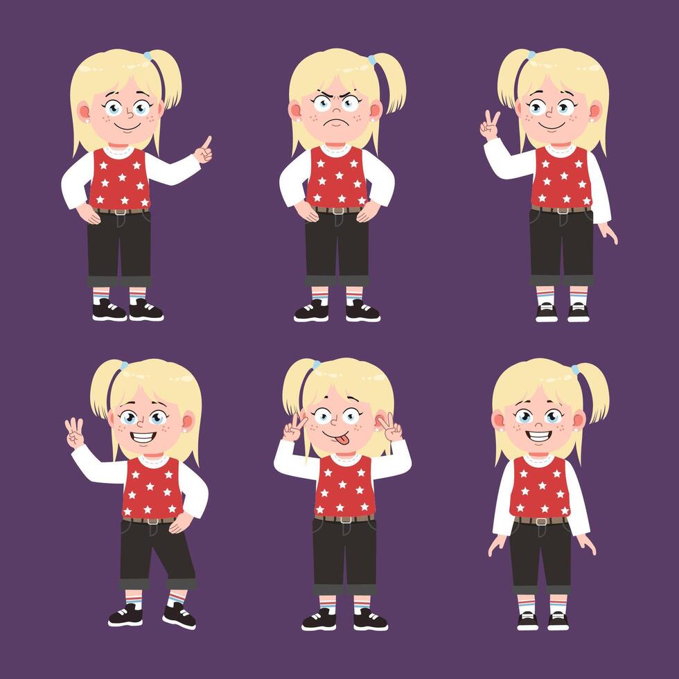 set of Cute American Girl with Blonde Hair Cartoon in different poses vector