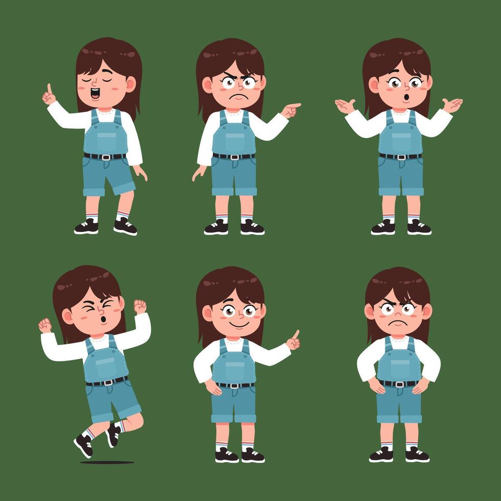 Cute Girl With Brown Hair Cartoon character set in different poses vector