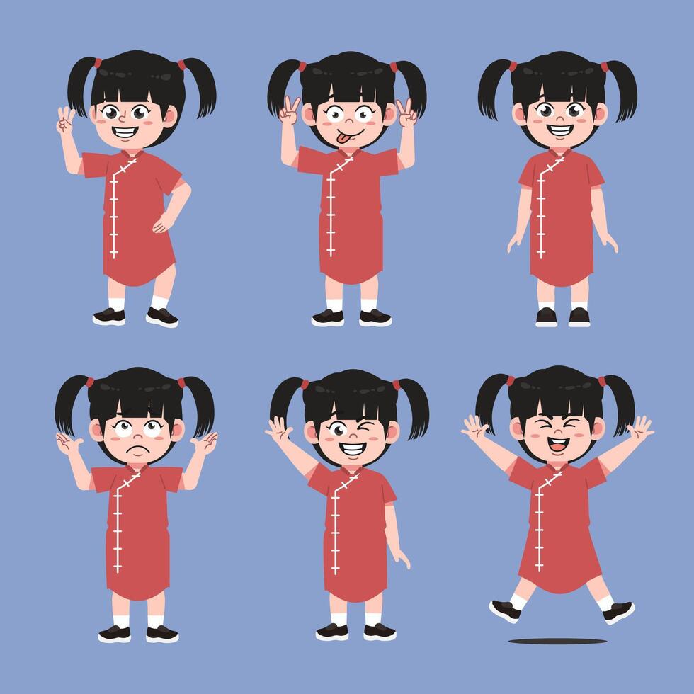 Set of Chinese Girl Cartoon Character vector