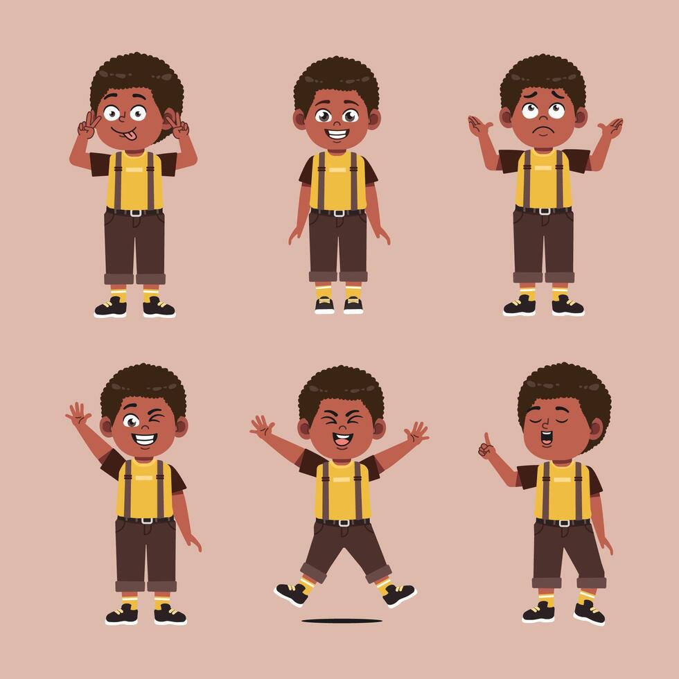Cute African Black Boy with afro hair Cartoon Character Collections Set vector