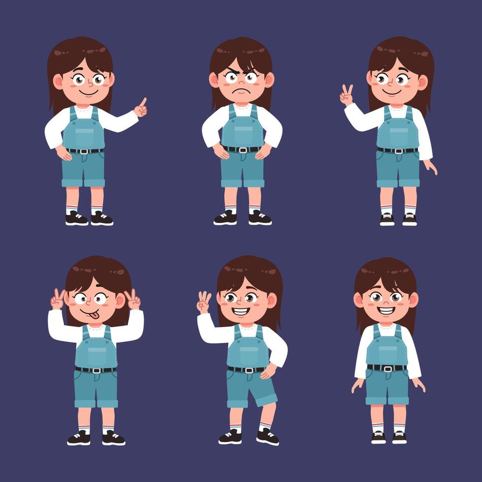 Girl With Brown Hair Cartoon in different poses vector