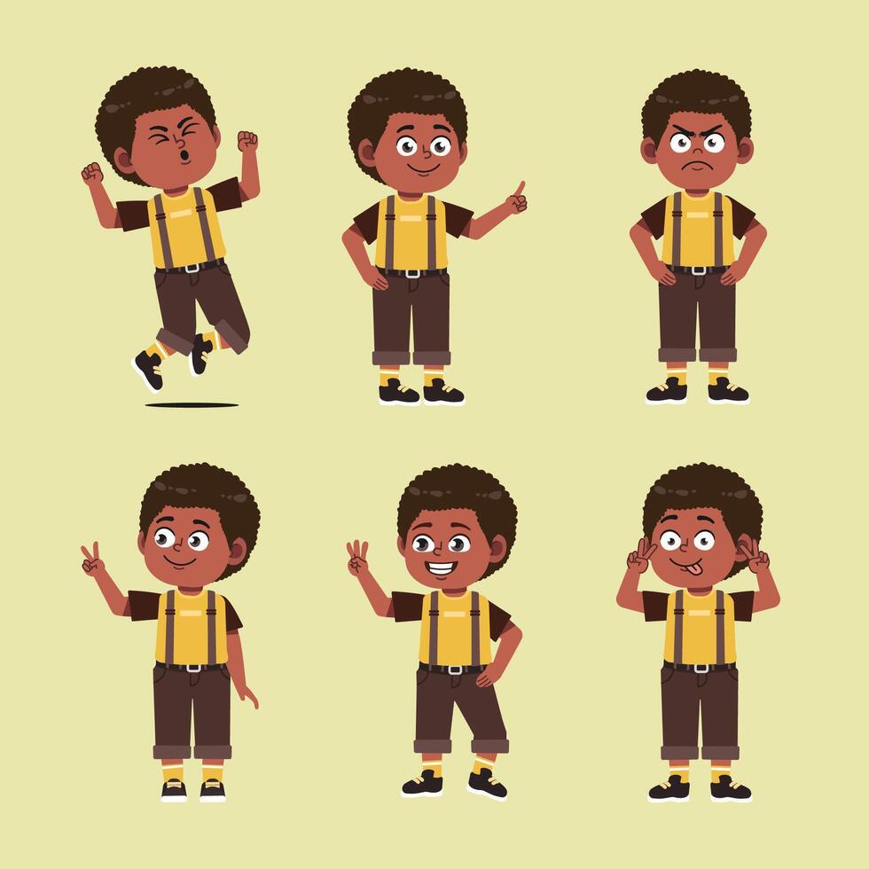 Cute African Boy with afro hair Cartoon Character Set vector