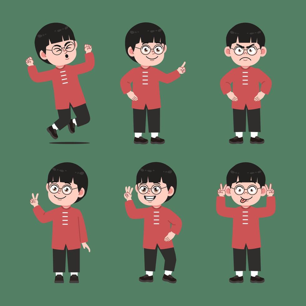 Cute Chinese Boy with Glasses Cartoon Character Collections Gesture vector