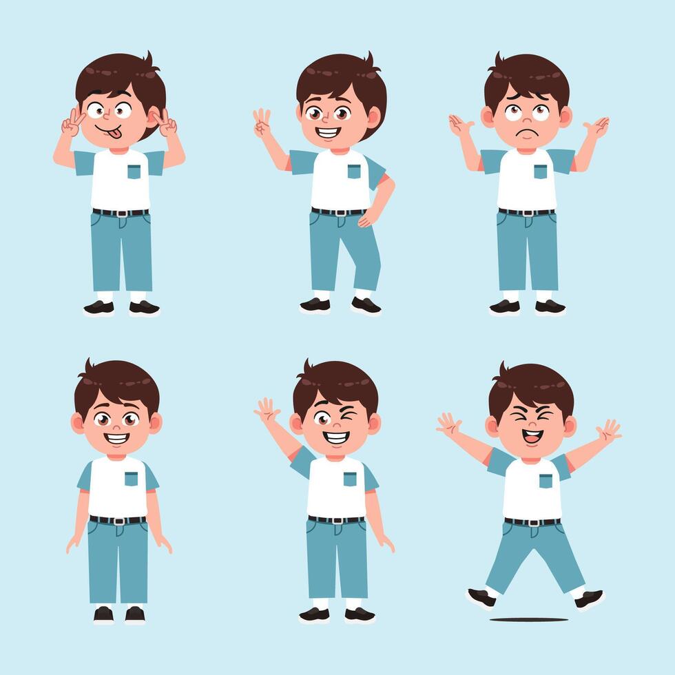 Cute Boy With Brown Hair Cartoon in different poses vector