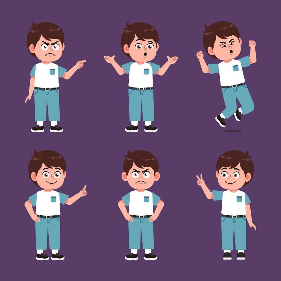 Cute Boy With Brown Hair Cartoon character collections in different poses vector