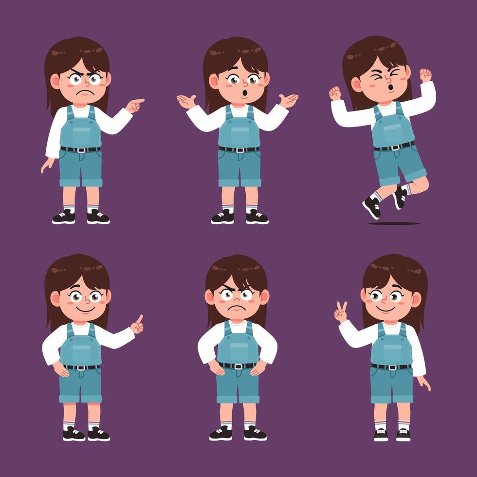 Cute Girl With Brown Hair Cartoon character set vector