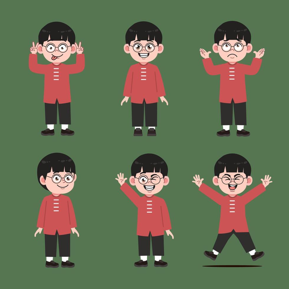 Cute Chinese Boy with Glasses Cartoon Character Set vector