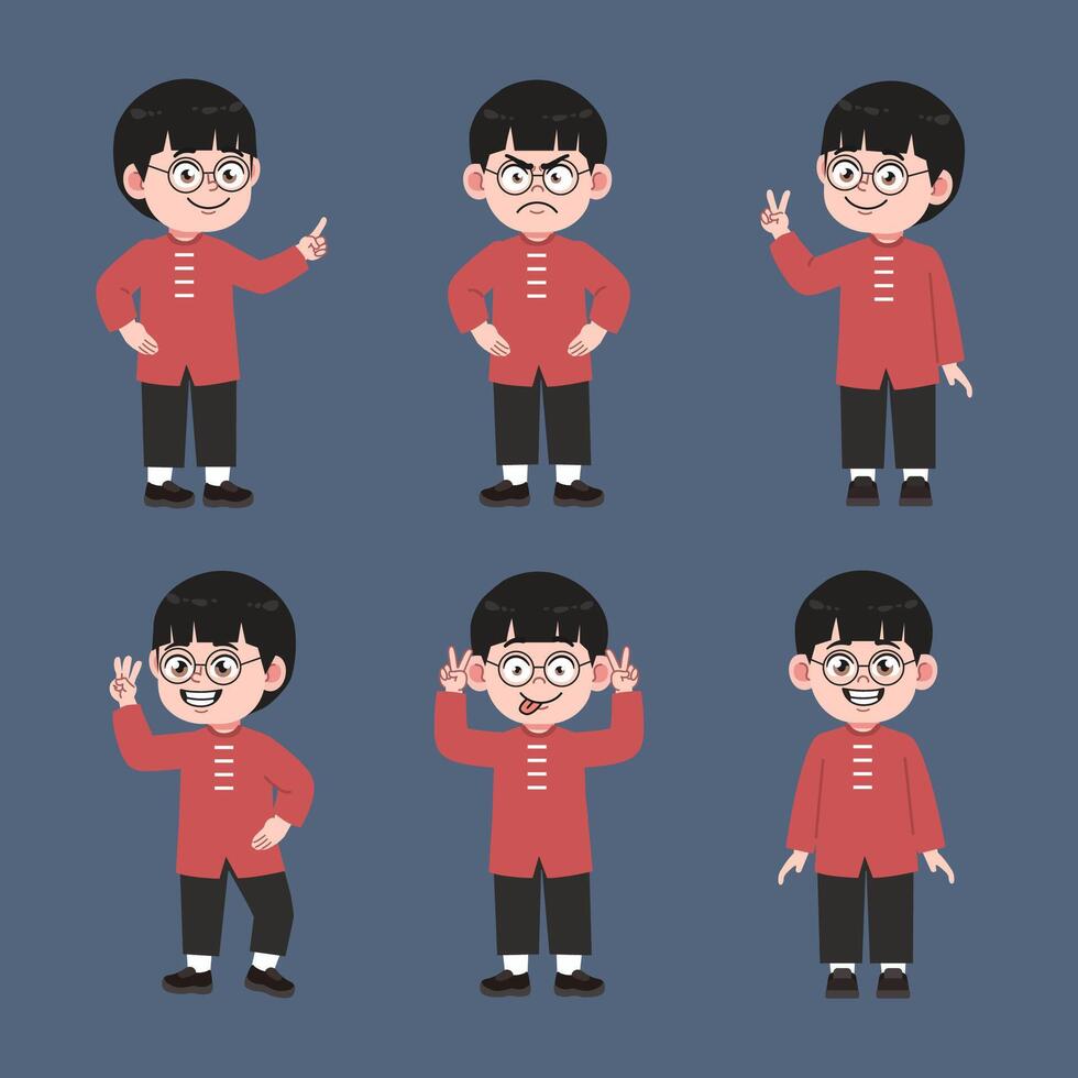 Chinese Boy with Glasses Cartoon Character Collections vector