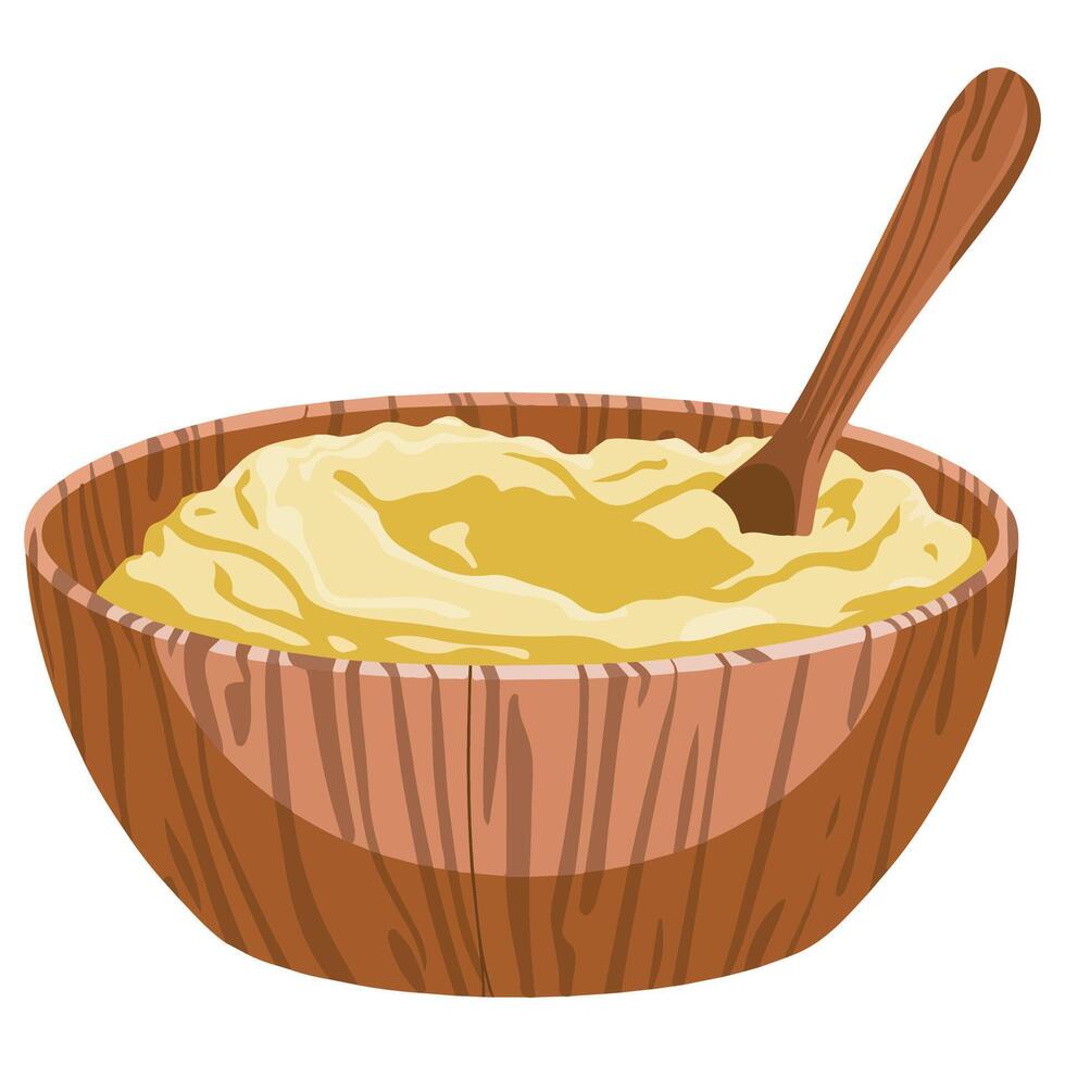 Traditional Ghee in Wooden Bowl with Spoon Cartoon Style Organic Butter vector