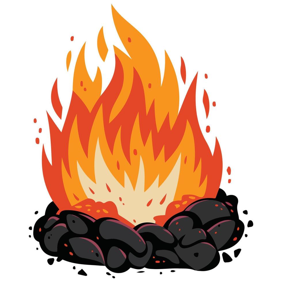 Cartoon Campfire with Burning Coal and Flame Close Up Fireplace Design vector