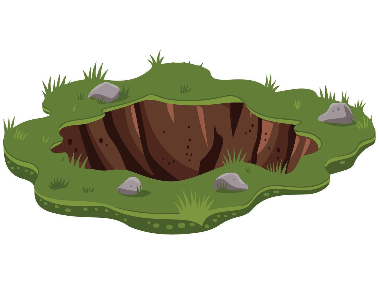 Dark Ground Hole with Stones and Grass Cartoon Style Art vector