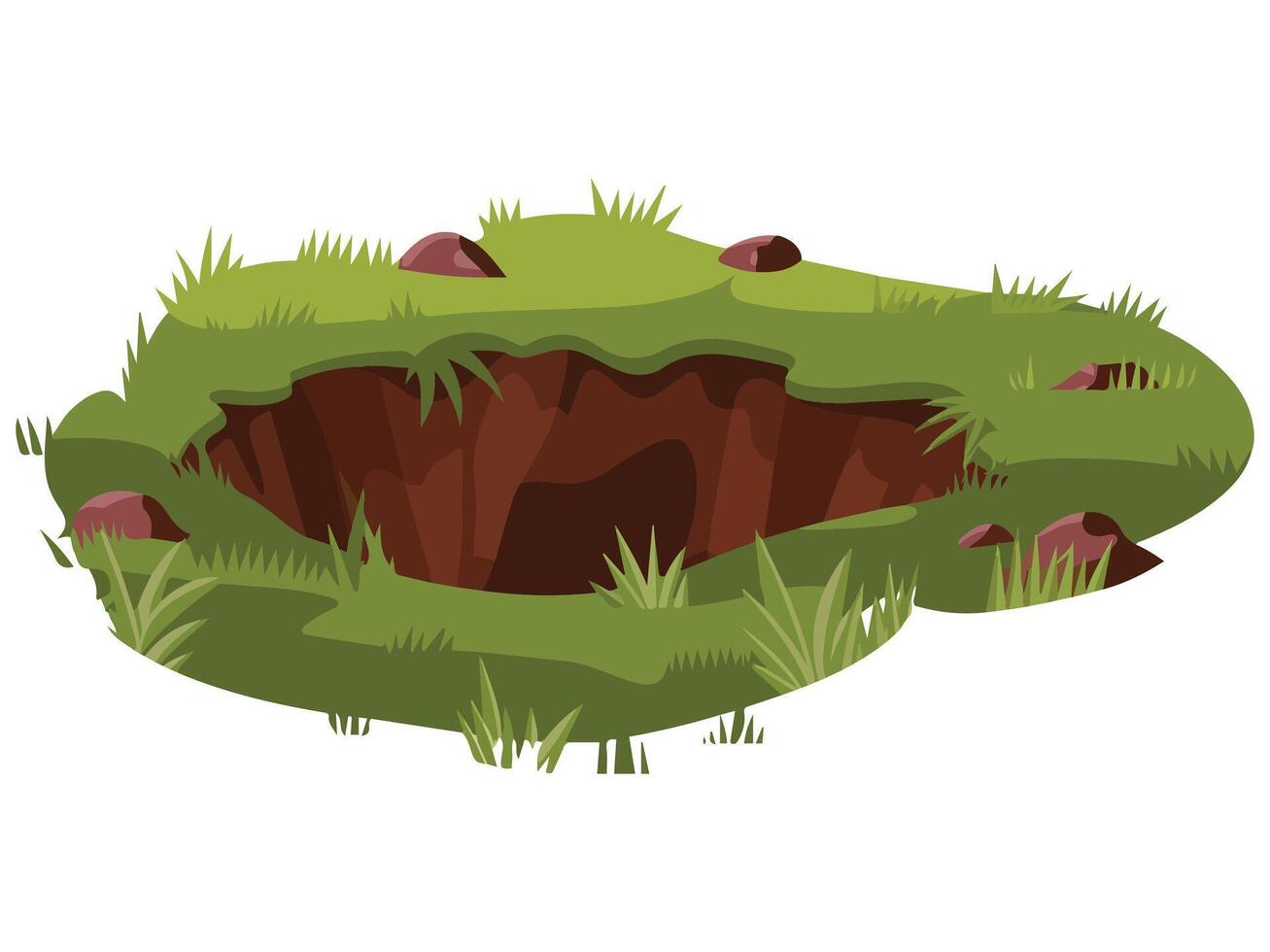 Deep Pit with Grass and Stones Detailed Cartoon Drawing on White Background vector