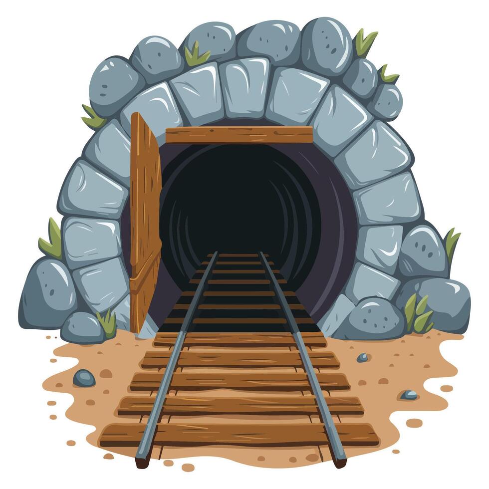 Textured Cartoon Mine Tunnel Cave Entrance with Railway and Wooden Planks vector