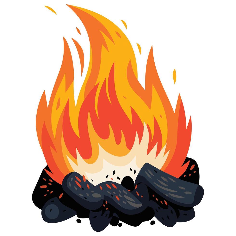 Burning Coal and Charcoal Pile with Flames Cartoon Style Bonfire vector
