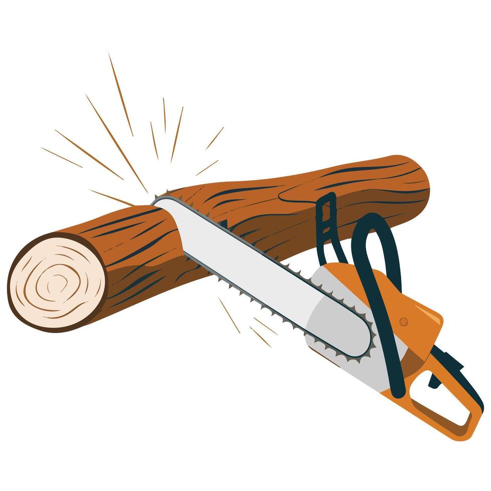Chainsaw Cutting Wooden Log Design Isolated on White vector