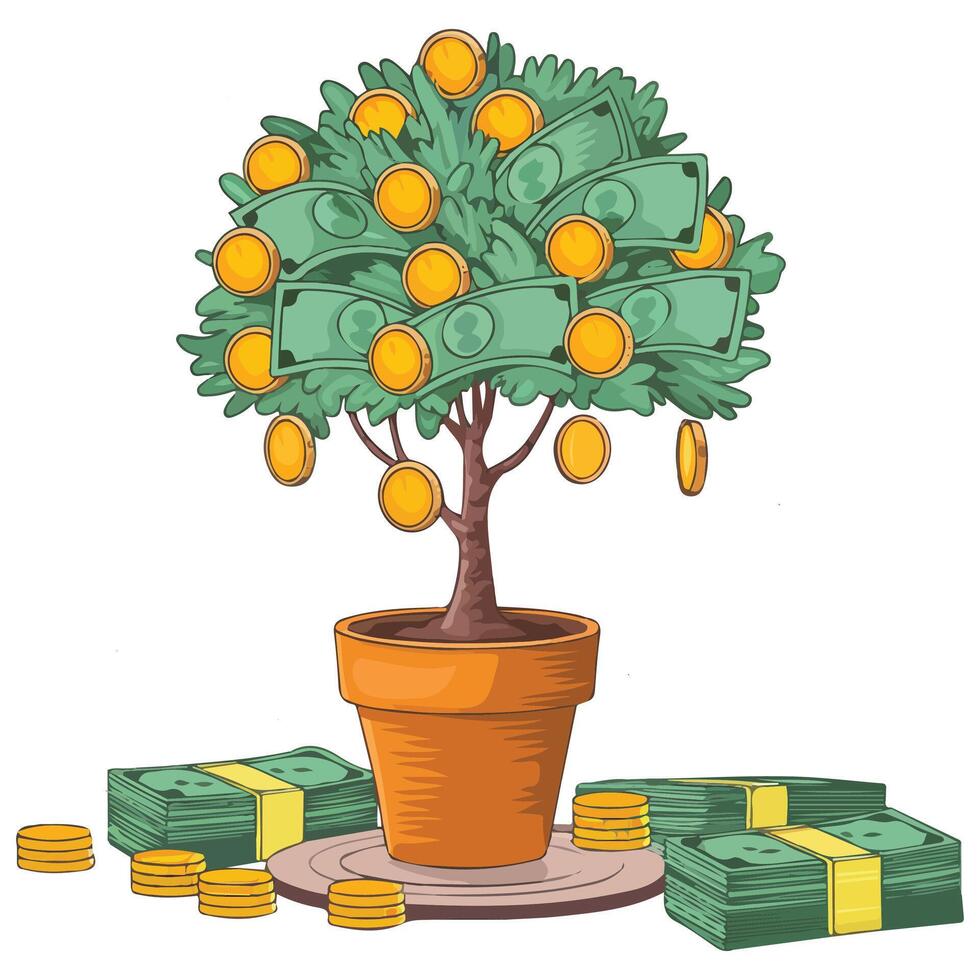 Art of Money Tree in Ceramic Pot with Green Cash and Coins vector