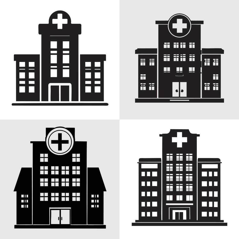 Set of black and white hospital buildings with medical cross icons vector
