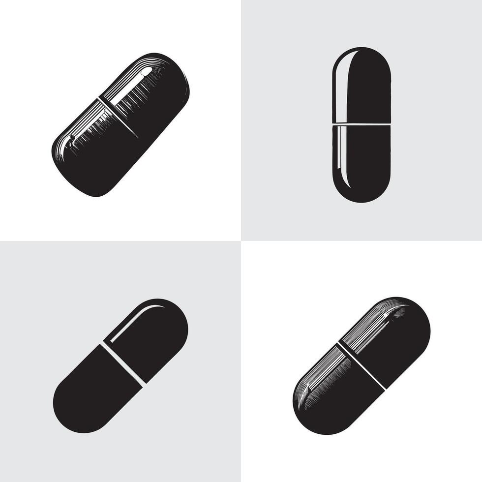 Black and white illustrations of medicine capsules vector