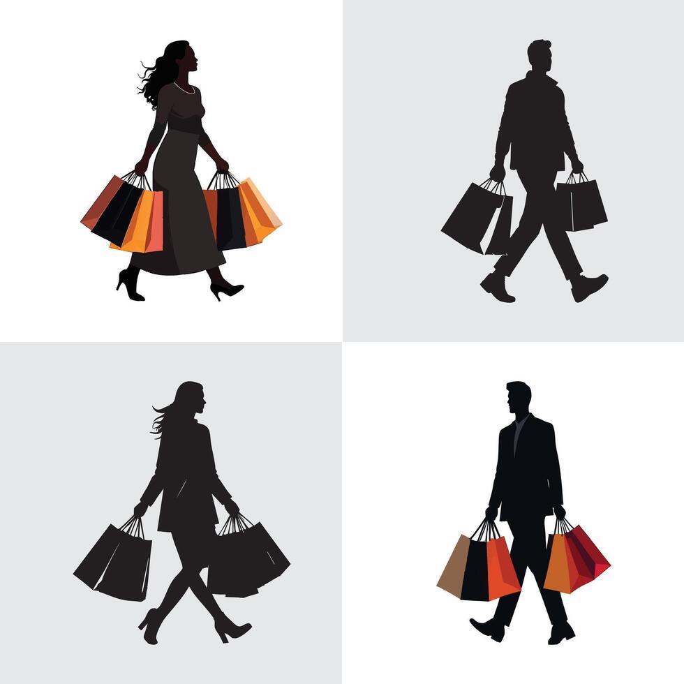 Silhouettes of People Shopping with Bags vector