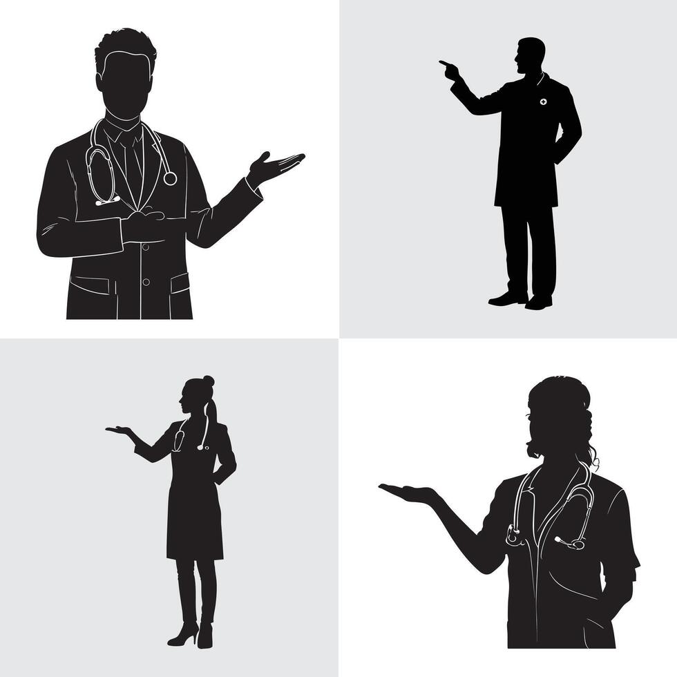 Silhouettes set of doctors and medical professionals in healthcare settings vector