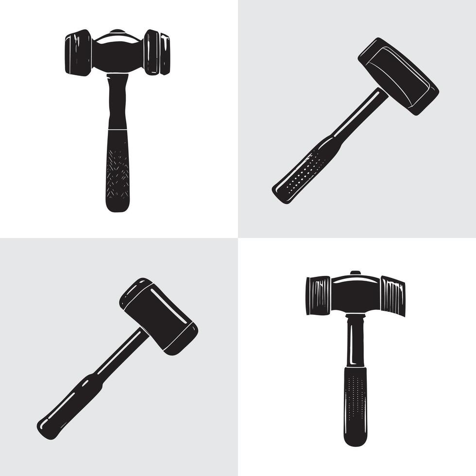 Set of Mallet and Hammer Silhouettes for Construction and Woodworking vector